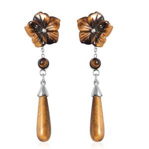 South African Yellow Tiger's Eye Drop and Flower Carved Earrings 15.00 ctw